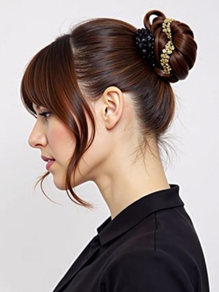 slick bun hairstyles with curtain bangs