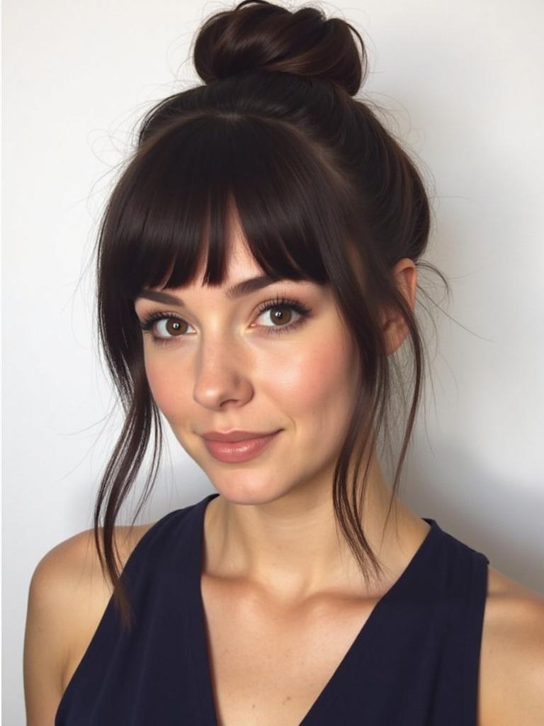 slick bun hairstyles with curtain bangs