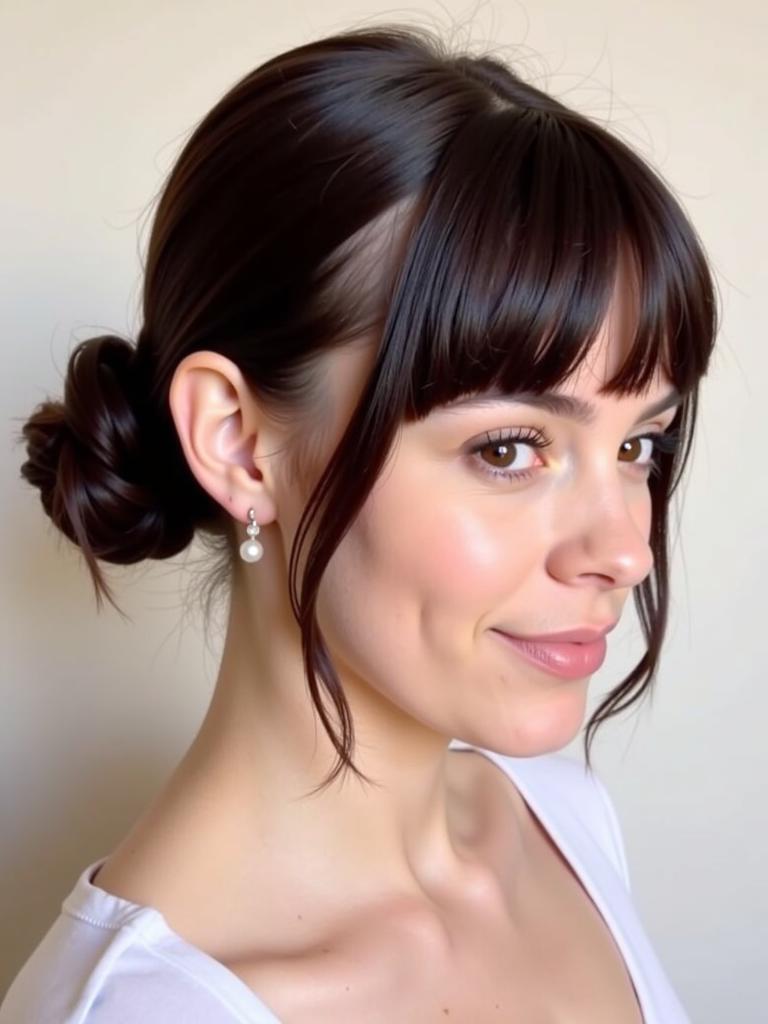 slick bun hairstyles with curtain bangs