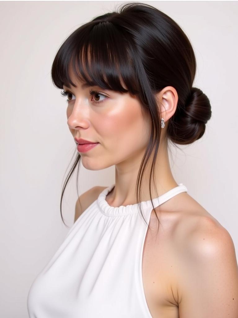 slick bun hairstyles with curtain bangs