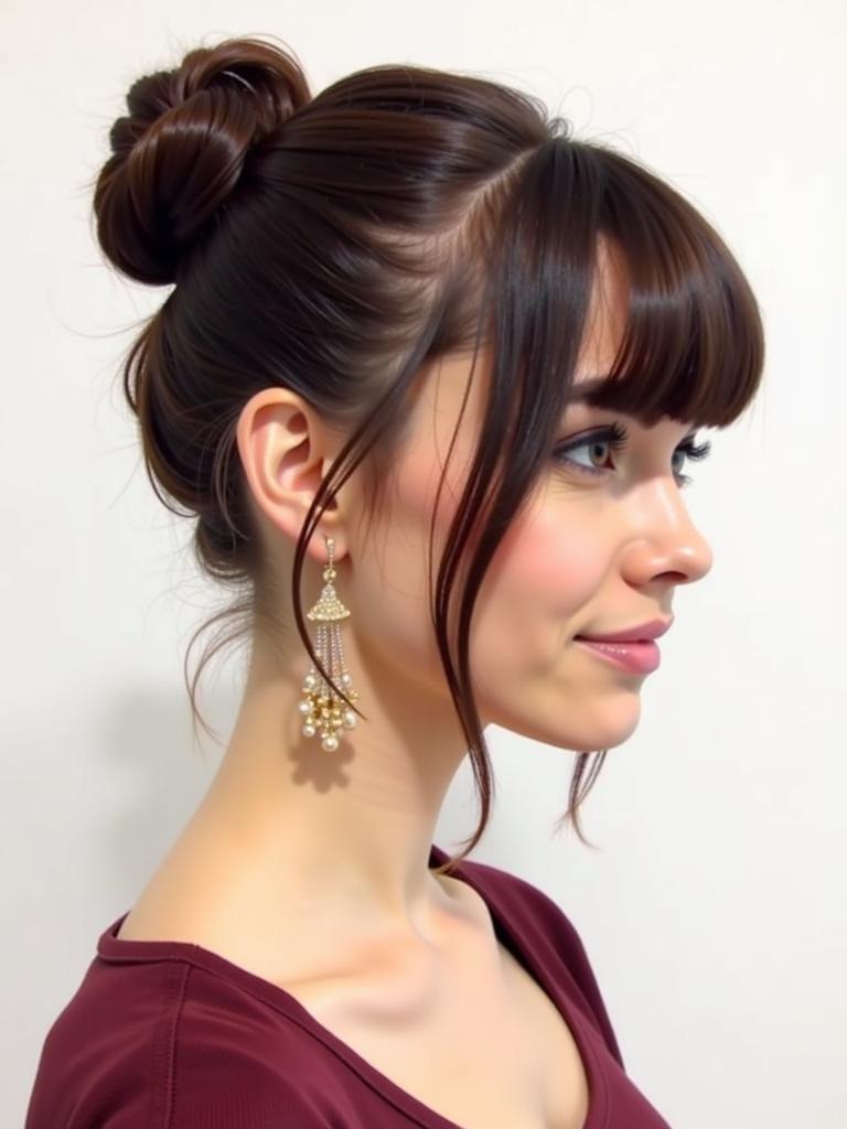 slick bun hairstyles with curtain bangs